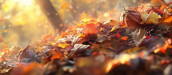 Poster - Autumn foliage in a sunlit forest capturing a vibrant pile of dry leaves with a warm, golden ambiance and soft bokeh background.