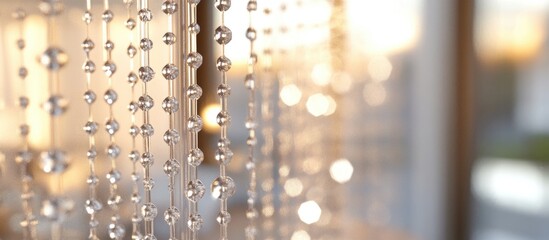 Poster - Clear plastic bead curtain with sunlight filtering through creating a warm ambiance in a contemporary interior setting.