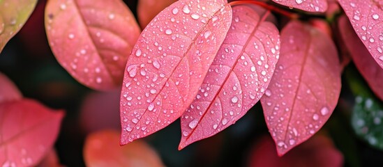 Aufkleber - Pink Guava Leaves with Dew Drops on a Blurry Background Showcasing Vibrant Colors and Natural Beauty of Tropical Foliage