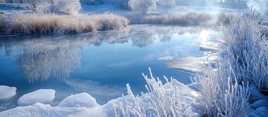 Poster - Frozen water crystals in a serene lagoon surrounded by frost-covered vegetation on a chilly winter morning.