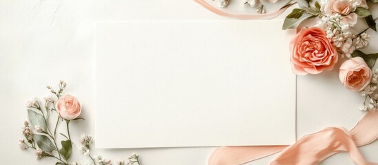 Aufkleber - Elegant blank invitation card surrounded by pink roses and delicate flowers on a light background for event space designs and announcements.