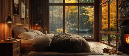 Poster - Cozy autumn bedroom in weekend getaway with inviting atmosphere and scenic window view featuring space for text inclusion.
