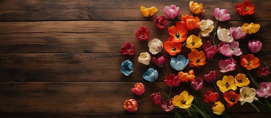 Poster - Colorful tulip arrangement on a wooden table showcasing spring beauty with ample copy space for text in an inviting top view perspective.