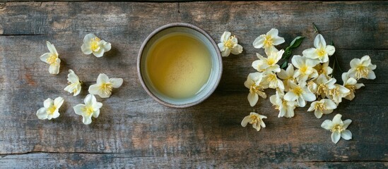 Poster - Jasmine tea cup surrounded by yellow flowers on rustic wooden table top view in natural light