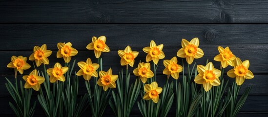 Aufkleber - Vibrant daffodils blooming against a dark wooden background showcasing nature's beauty and elegance in springtime arrangements.