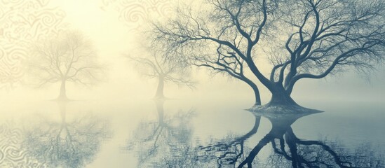 Poster - Serene landscape of barren trees standing in tranquil water with a soft ethereal fog creating a mysterious ambiance.