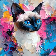 Fototapete - Siamese cat painted with bold pastels the thick oil paint and impasto strokes forming sharp edges The abstract 3D shapes flow around the cat creating a highly detailed fluid art masterpiece