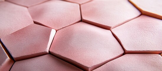 Poster - Pink hexagonal tile texture with an abstract stone design highlighting intricate details and smooth surfaces in close-up view