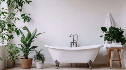 Poster - Contemporary bathroom with freestanding bathtub surrounded by greenery and minimalist decor ideal for modern home design concepts