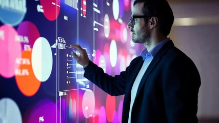 Aufkleber - Interactive data visualization: man engaging with digital touchscreen display