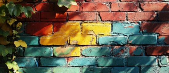 Poster - Vibrant textured brick wall showcasing colorful paint and natural greenery for an artistic and urban aesthetic background.