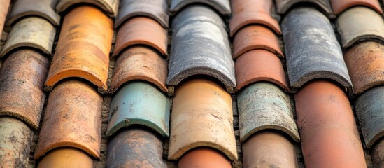 Poster - Close-up view of various overlapping roofing tiles in warm colors on a newly constructed building showcasing texture and design elements.