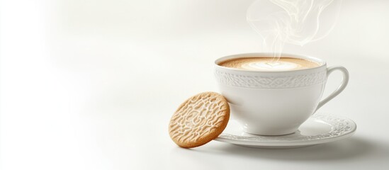 Poster - Steaming cup of coffee with a cookie arranged on a plate against a clean white background for a cozy coffee break scene.