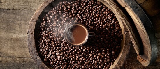 Poster - Coffee cup surrounded by roasted coffee beans in a wooden barrel on a rustic table top view with smoke and space for text.