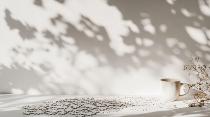 Poster - Disassembled wooden puzzle pieces cast shadows with a cup and dried flowers against a minimalist white background for blank text space
