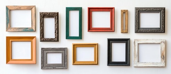 Poster - Variety of vintage and modern blank photo frames arranged on a wall ready for personalized photo displays