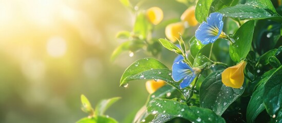 Fototapete - Vibrant Commelina benghalensis flowers amidst lush greenery and dew drops illuminated by soft sunlight in a serene natural setting