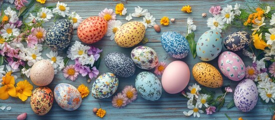 Aufkleber - Vibrant Easter eggs and blooming spring flowers arranged on a rustic wooden surface celebrating the festive season.