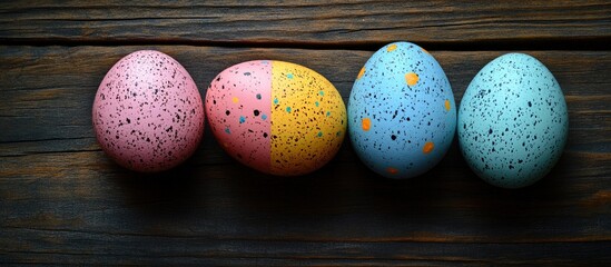 Poster - Colorful speckled Easter eggs arranged on rustic wooden background for festive spring decorations