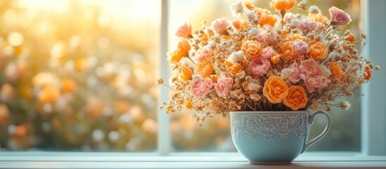 Poster - Dried flower arrangement in decorative cup placed on window sill with soft sunlight illuminating the scene creating a warm ambiance.