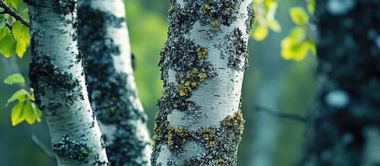 Poster - Textured close-up of tree branches and trunks showcasing natural beauty and intricate details in a serene forest setting