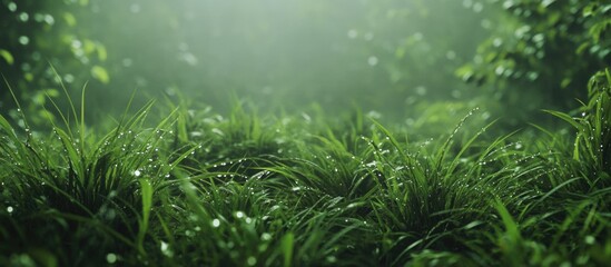 Poster - Lush green grass texture with dew drops in a serene misty atmosphere for nature backgrounds and concept designs.