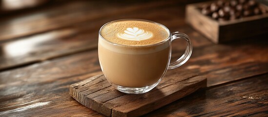 Aufkleber - latte art coffee in clear glass cup on wooden surface with coffee beans in background