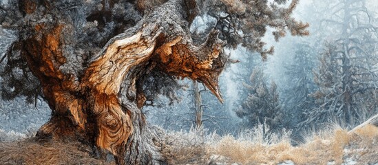 Wall Mural - twisted dying tree in serene pine forest showcasing peeling bark and gentle winter light amidst soft