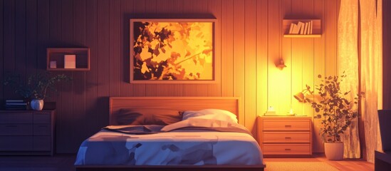 Poster - Warm Scandinavian bedroom design with soft lighting wall art and inviting decor perfect for relaxation and personal space.