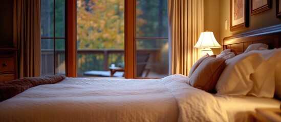 Aufkleber - Cozy bedroom ambiance in a weekend home getaway with serene natural views and inviting decor perfect for relaxation and comfort