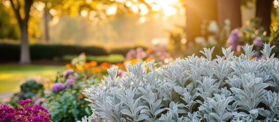 Wall Mural - Dusty Miller Plants in Vibrant Garden with Colorful Flowers and Soft Evening Light