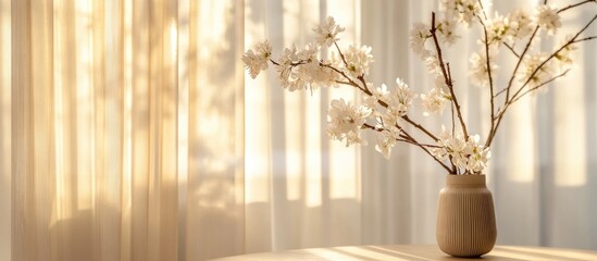 Poster - Elegant light brown striped curtains with floral tulle, softly illuminated by sunlight, complementing a floral vase on the table.