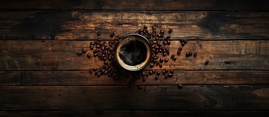 Poster - Cup of rich black coffee surrounded by coffee beans on rustic wooden background with ample copy space for text or design elements