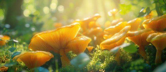 Poster - Golden chanterelles in a sunlit forest setting showcasing their vibrant orange caps and lush green surroundings.