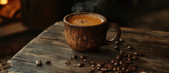 Poster - Rustic cup of steaming coffee on wooden surface with scattered coffee beans creating a warm and inviting atmosphere for coffee lovers