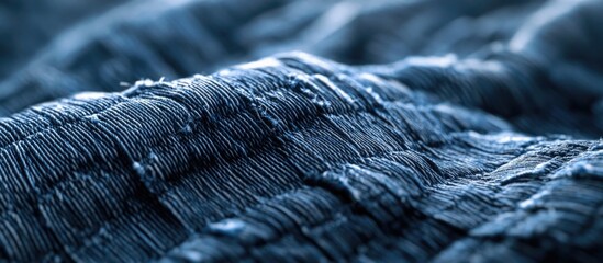 Poster - Close-up of denim fabric texture showcasing the intricate weave and softness of a blue denim jacket's collar.