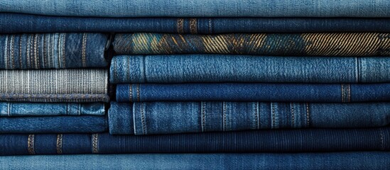 Poster - Stack of assorted blue denim jeans featuring various textures and shades arranged neatly for a trendy fashion background.