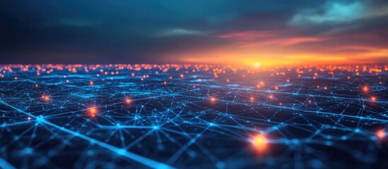 Poster - Data center network connections with sunset sky and space for text showcasing digital infrastructure and technology concepts