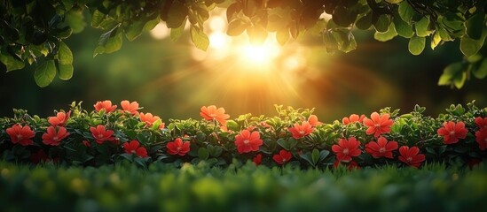 Poster - Vibrant red flowers amidst lush greenery illuminated by a warm golden sunlight in a serene natural setting