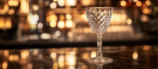 Poster - Elegant crystal wine glass illuminated in a stylish bar setting with a blurred bokeh background for a sophisticated ambiance.