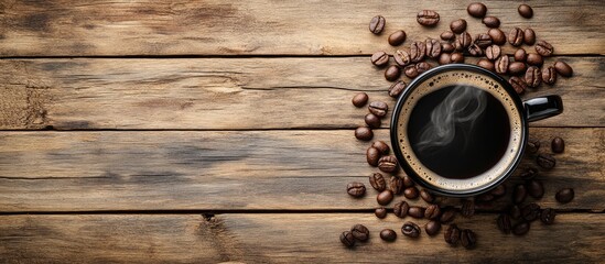 Poster - Cup of black coffee surrounded by coffee beans on rustic wooden background ideal for beverage or cafe related themes