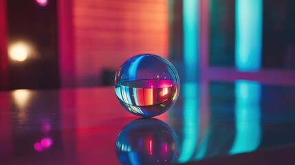 Poster - Colorful disco ball on reflective table with vibrant light patterns and ample empty space for creative text or design elements
