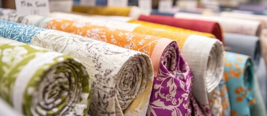Poster - Vibrant collection of diverse fabric samples in rolls showcasing various colors and patterns at a bustling fabric market.