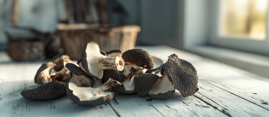 Poster - Cut black truffles arranged on a rustic white table with a soft focus highlighting texture and detail of the mushrooms in natural light