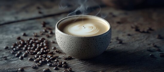 Poster - Steam rising from a rustic coffee cup surrounded by coffee beans on a wooden surface, creating a warm and inviting atmosphere.