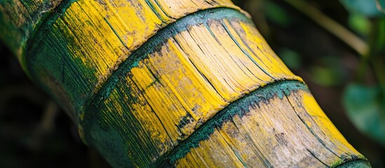 Poster - Detail of vibrant bamboo trunk showcasing bright yellow base and green lines in a natural setting with lush foliage.