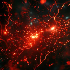 Wall Mural - Red electric sparks exploding in dark background creating a vibrant and dynamic visual effect