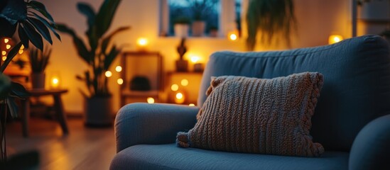 Poster - Cozy sofa chair adorned with a soft pillow in a warm, ambient interior illuminated by candlelight during evening hours.