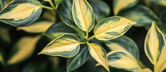 Poster - Close-up of vibrant green and yellow plant leaves with a soft bokeh background creating a serene nature ambiance.
