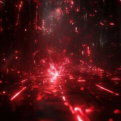 Wall Mural - Red light illuminating floor with electric sparks in a dark environment creating a vibrant visual effect